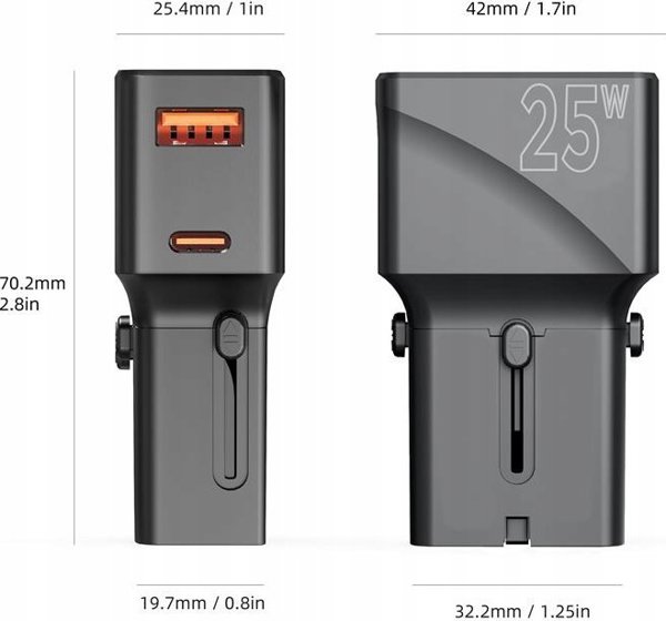 Mobile Origin Travel adapter 25W, EU/US/UK/AU, czarny (TAD25-2P-BLK)