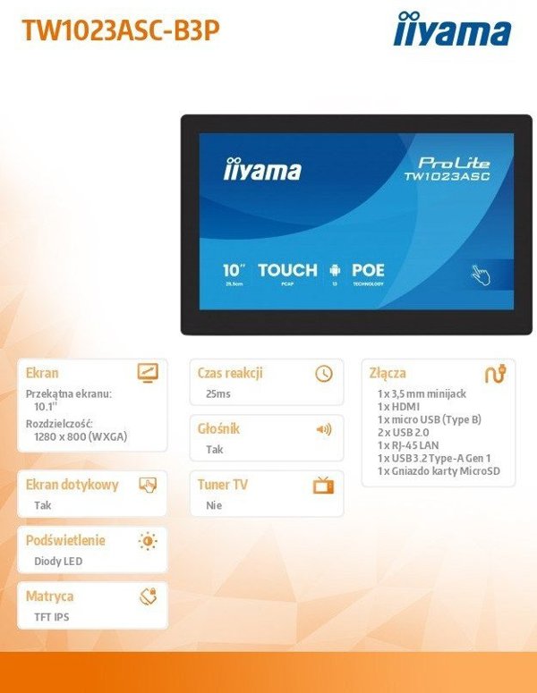 Monitor dotykowy 10 cali TW1023ASC-B3P 10P.DOT.IPS,ANDROID,WIFI, 4xUSB, RJ45, MIC, 24/7, iiSignage IIYAMA