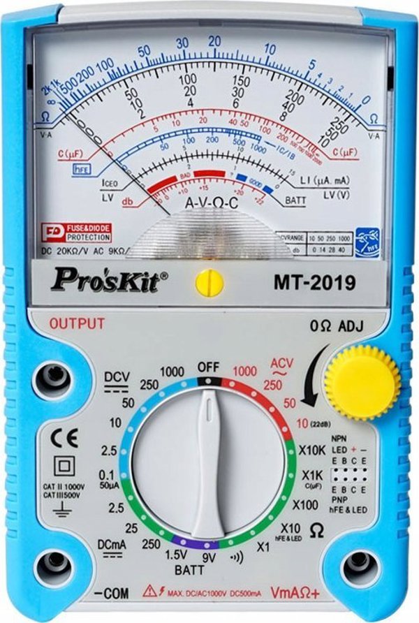 Αναλογικό πολύμετρο 0.1-1000V AC/DC, 0.05-250mA DC, με μέτρηση αντίστασης και χωρητικότητας, τρανζίστορ, διόδων, δοκιμή κυκλώματος, Pro'sKit