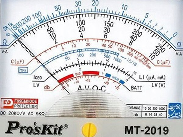 Αναλογικό πολύμετρο 0.1-1000V AC/DC, 0.05-250mA DC, με μέτρηση αντίστασης και χωρητικότητας, τρανζίστορ, διόδων, δοκιμή κυκλώματος, Pro'sKit