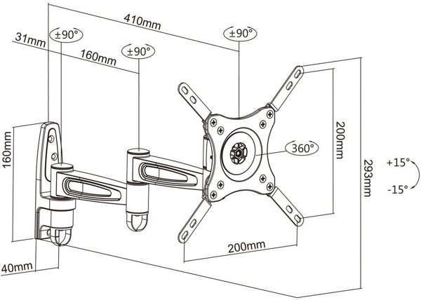 MultiBrackets M VESA Flexarm 360 III Λευκό 75 100 200, 81.3 εκ. (32"), 75 x 75 χιλ., 200 x 200 χιλ., -15 - 15°, 360°, Λευκό
