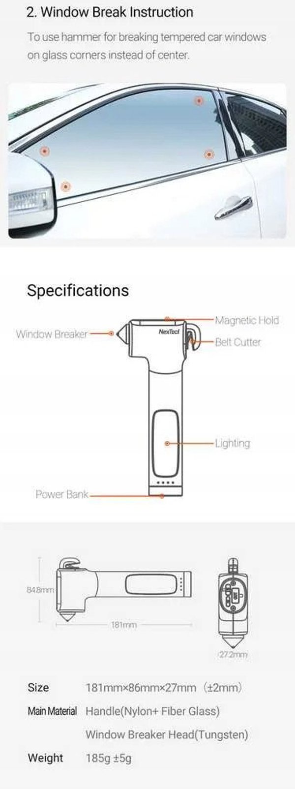 Πολυχρηστικό εργαλείο διάσωσης 4 σε 1 NexTool Hammer Rescue NE0140