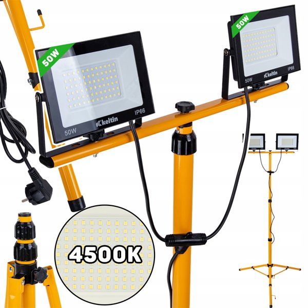 Προβολέας LED 2x50W με τηλεσκοπικό τρίποδα εργοταξίου και καλώδιο – ουδέτερο λευκό φως 4500K (1)
