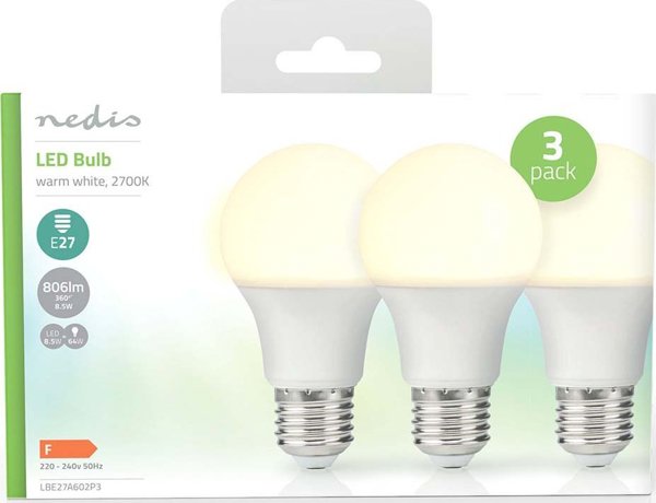 Nedis Nedis LBE27A602P3 λάμπα LED Θερμό λευκό 2700 K 8,5 W E27 F