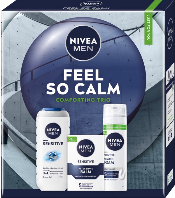 NIVEA_SET Men Feel So Calm Comforting Trio Sensitive - Αφρόλουτρο 3 σε 1 250ml + Βάλσαμο μετά το ξύρισμα 100ml + Αφρός ξυρίσματος 200ml