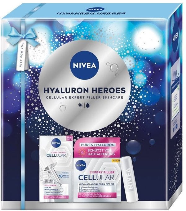 Nivea Hyaluron Heroes σετ με ορό 15ml + αντιγηραντική κρέμα ημέρας SPF30 50ml + ενυδατικό βάλσαμο χειλιών 4,8g