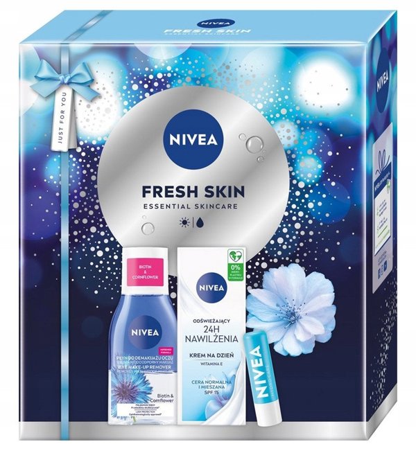 NIVEA_SET Fresh Skin Αναζωογονητική Κρέμα Ημέρας 24ωρη Ενυδάτωση SPF 15 50ml + Ντεμακιγιάζ Ματιών Διφασικό 125ml + Προστατευτικό Κραγιόν Υαλουρονικού 4,8g