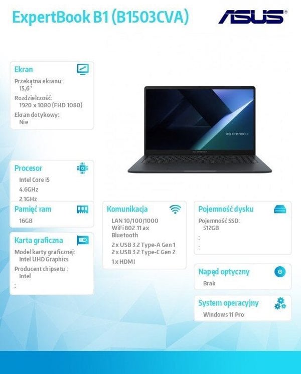 Notebook ExpertBook B1 B1503CVA-S75100X i5 13420H 16GB/512GB/W11Pro/3Y