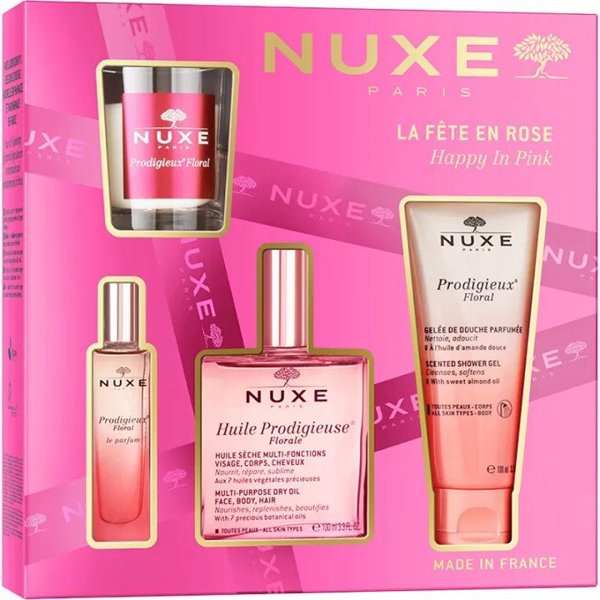 NUXE_SET Happy In Pink Huile Prodigieuse Florale - ξηρό λάδι περιποίησης με αρωματικό λουλουδένιο άρωμα 100ml + Prodigieux Floral αφρόλουτρο 100ml + Prodigieux Floral EDP spray 15ml + αρωματικό κερί 60g