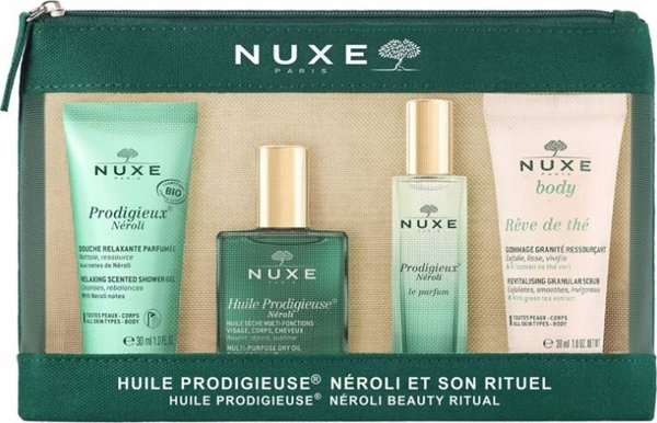 Nuxe Travel Set Nuxe: Prodigieux Neroli, Shower Gel, All Over The Body, For All Skin Types, 30 ml + Prodigieux Neroli, Eau De Parfum, For Women, 15 ml *Miniature + Reve de The, Vegan, Revitalising, Body Scrub, 30 ml + Huile Prodigieuse Multi-Purpose Nero