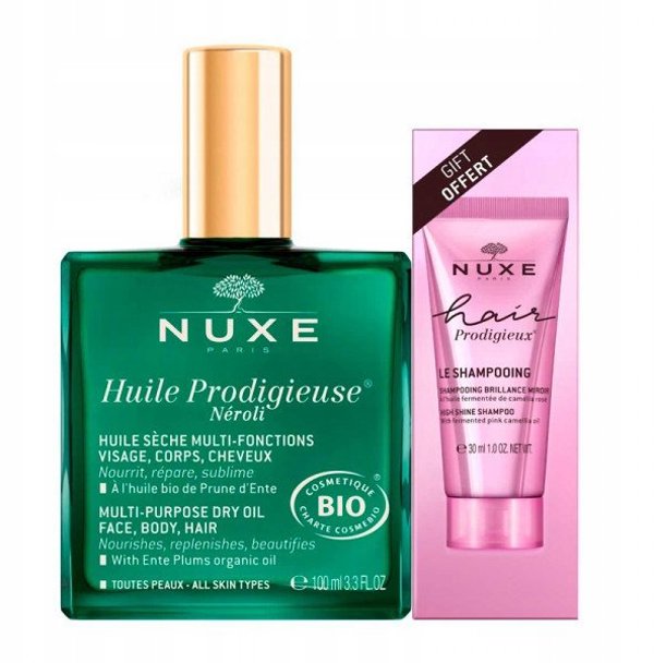 NUXE_SET Huile Prodigieuse Neroli ξηρό λάδι φροντίδας προσώπου, σώματος και μαλλιών 100ml + Hair Prodigieux High Shine σαμπουάν 30ml