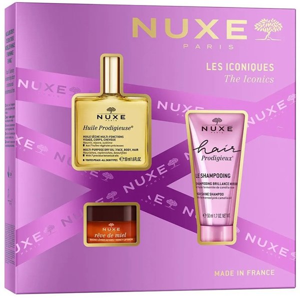 Nuxe The Iconics Σετ ξηρό λάδι αναδόμησης 50ml + Βάλσαμο χειλιών 15g + Σαμπουάν εξομάλυνσης 50ml