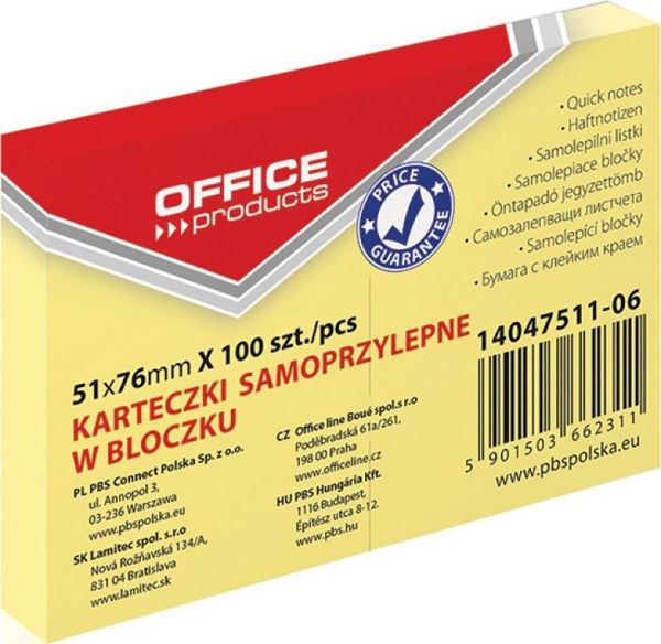Office Products Αυτοκόλλητες Σημειώσεις, 51x76mm, 100 Φύλλα, Παστέλ Ανοιχτό Κίτρινο