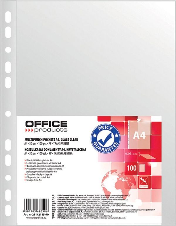 Office Products Διαφανείς Θήκες Εγγράφων A4, PP, 30 Microns, 100 Τεμάχια, 11 Τρύπες, Κρυστάλλινο