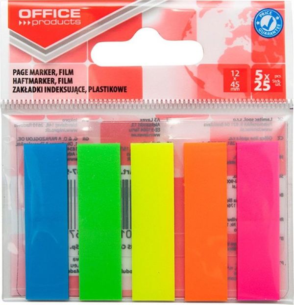 Office Products Σελιδοδείκτες Ευρετηρίασης, Αυτοκόλλητοι, PP, 12x45mm, 5x25 Φύλλα, Μίγμα Φθοριζόντων Χρωμάτων