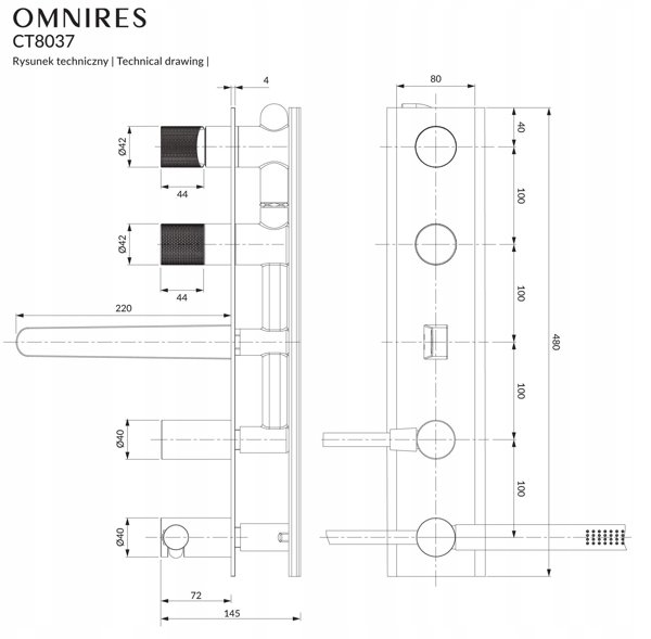 Omnires Contour CT8037/1CPB Μπαταρία Μπανιέρας 5-Οπών Εντοιχισμένη, Ματ Χαλκός