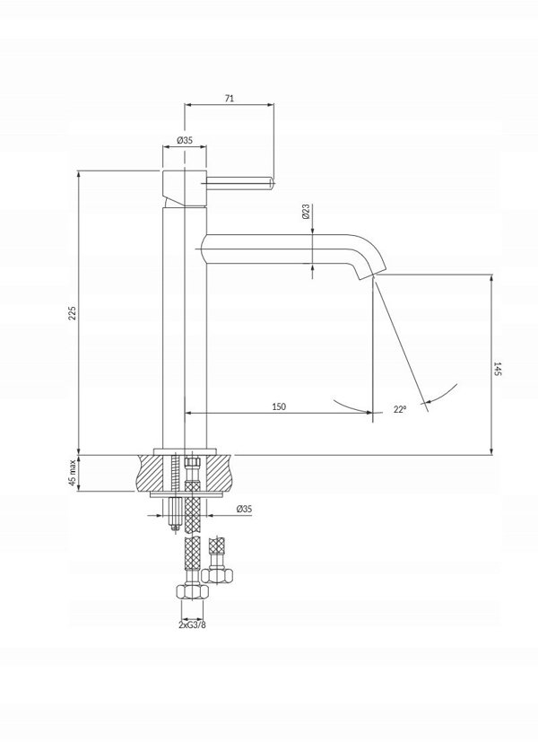 OMNIRES Y1212CCPB Υ μπαταρία νιπτήρα, 23 εκ. (κεφαλή 25 mm) μπρούτζος ματ