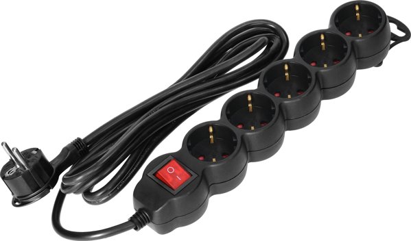 Orno Πολύμπριζο 5 θέσεων 2P+Z (Schuko) με διακόπτη, 1,5m H05VV-F 3x1,5mm2, Imax=16A, επίπεδο βύσμα, μαύρο
