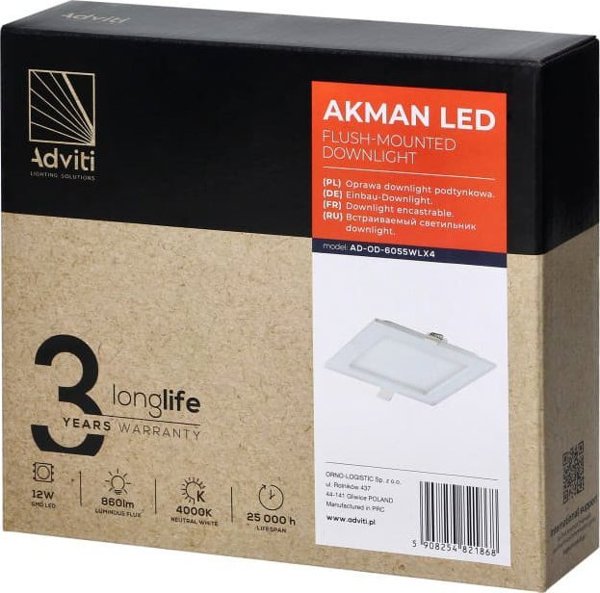 Orno AKMAN LED 12W, φωτιστικό downlight, χωνευτό, τετράγωνο, 860lm, 4000K, λευκό, ενσωματωμένος μετασχηματιστής LED,AD-OD-6055WLX4