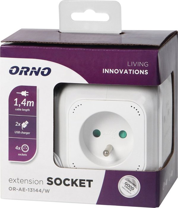 Orno Πολύπριζο 4 θέσεων 2P+Z, φορτιστής 2xUSB, 1,4m H05VV-F 3x1mm2, λευκό