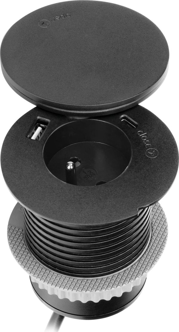 Πρίζα επίπλων Orno OR-GM-9028 O6cm με περιστρεφόμενο κάλυμμα, ασύρματο φορτιστή, φορτιστή USB και καλώδιο 1,5m 1x2P+Z, Qi 1.2.4 max. 10W 2xUSB (τύπος A και τύπος C, 2,4A) μαύρο