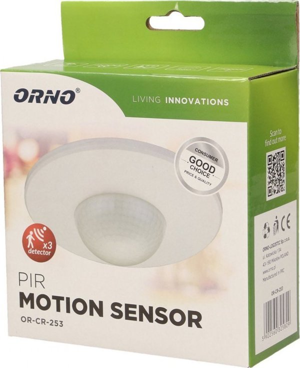Αισθητήρας κίνησης Orno 360 μοίρες IP20, 2000W, 3 αισθητήρες, ρύθμιση εμβέλειας 3m-20m, λευκός