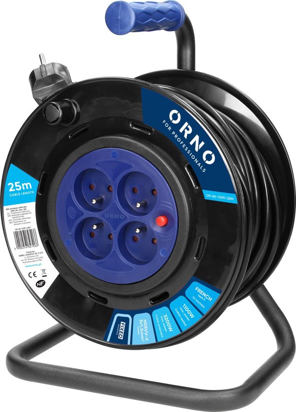 Orno Καρούλι επέκτασης, 4 υποδοχές 2P+Z, καλώδιο PVC H05VV-F 3x1,5mm?, μήκος 25m, σταθερές υποδοχές, θερμικό, καλύμματα ρευμάτων.