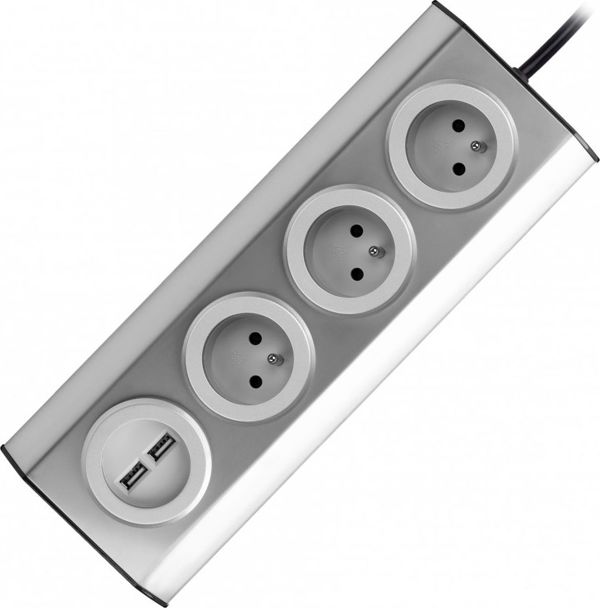 Orno Πρίζα Επίπλων & Κουζίνας, 3 Θέσεις Schuko με 2 USB, Τοποθέτηση με Velcro, Καλώδιο 1.5m, Inox