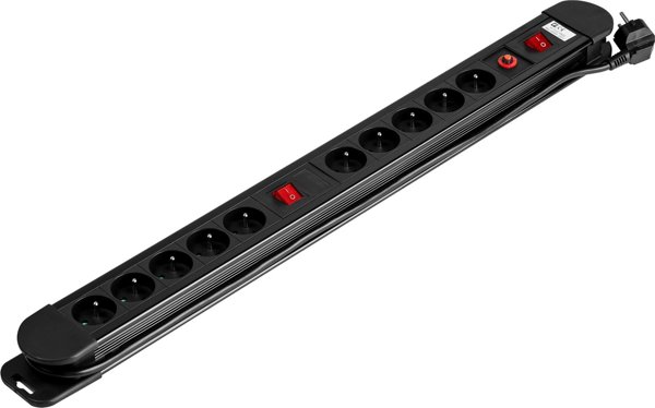 Orno Πολύπριζο, 10 υποδοχές 2P+Z, καλώδιο 3x1,5mm2, μήκος 1,5m, 2xΔιακόπτης φωτιζόμενος διπολικός, Θερμικός διακόπτης. 16A/230 VAC, Μαύρο