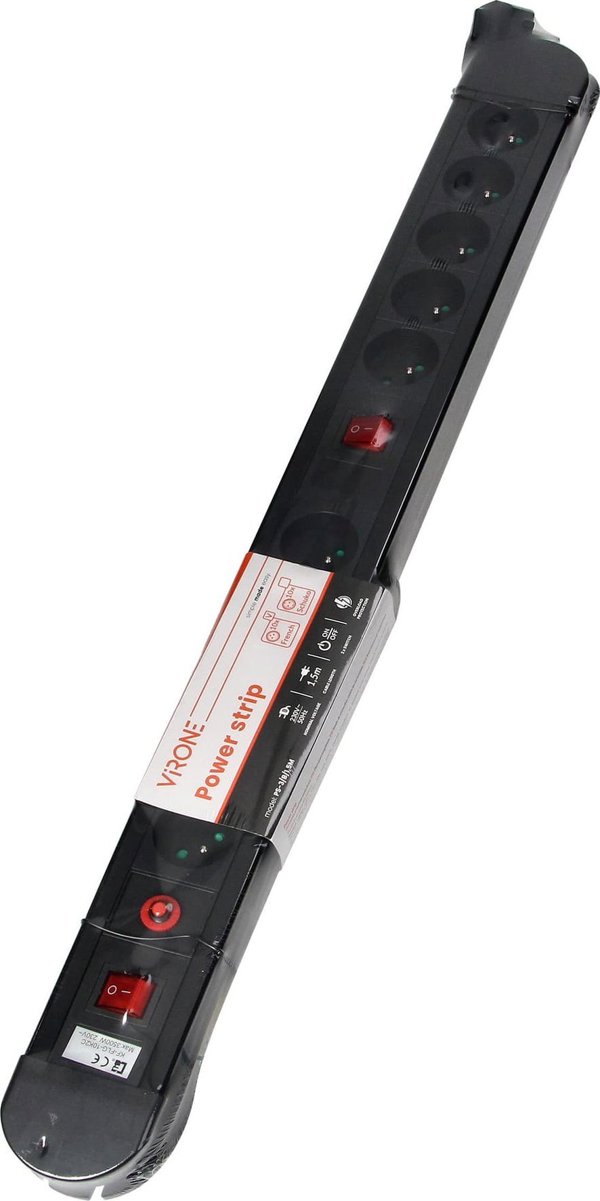 Orno Πολύπριζο, 10 υποδοχές 2P+Z, καλώδιο 3x1,5mm2, μήκος 1,5m, 2xΔιακόπτης φωτιζόμενος διπολικός, Θερμικός διακόπτης. 16A/230 VAC, Μαύρο