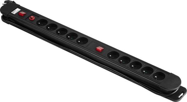 Orno Πολύπριζο, 10 υποδοχές 2P+Z, καλώδιο 3x1,5mm2, μήκος 1,5m, 2xΔιακόπτης φωτιζόμενος διπολικός, Θερμικός διακόπτης. 16A/230 VAC, Μαύρο