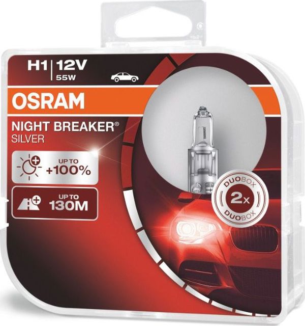 Λάμπες αλογόνου Osram H1 12V 55W P14,5s NIGHT BREAKER SILVER +100% /2 τεμ./
