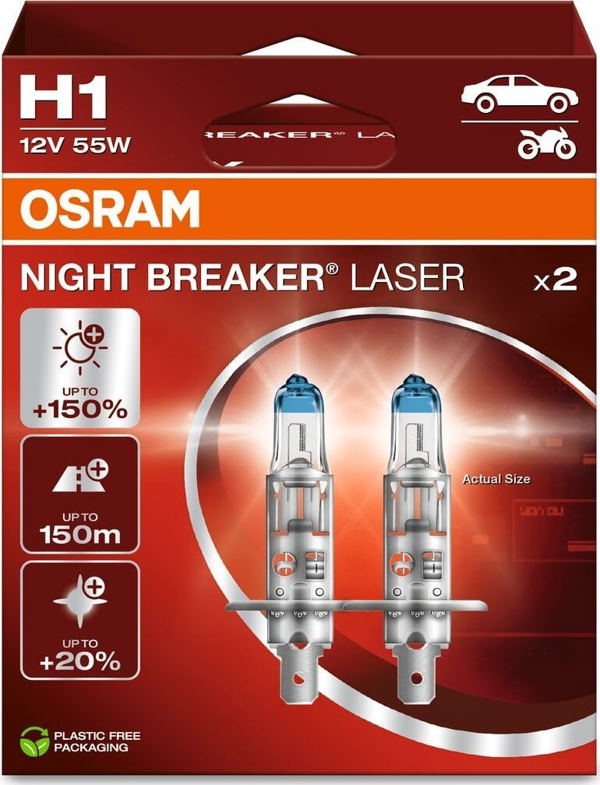 Osram OSRAM Λάμπες αυτοκινήτου NIGHT BREAKER LASER +150% H1 55W 12V P14.5S 2τμχ