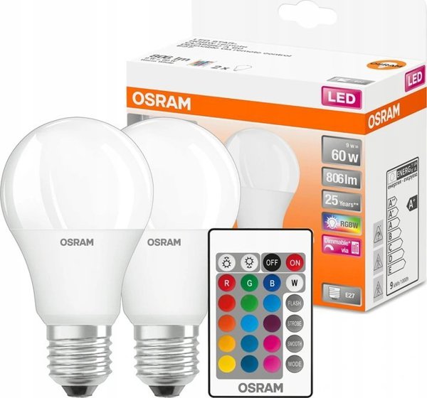Osram Osram 2x λάμπες LED RGBW E27 A60 9W=60W + PILOT