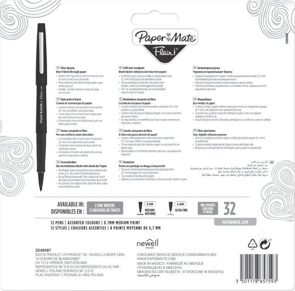 Paper Mate Στυλό Flair Μέσης Μύτης 0.7mm, 12 Τεμάχια σε Blister - Πολύχρωμο