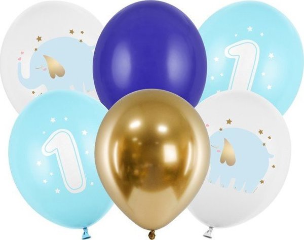 PartyDeco Μπαλόνια Γενεθλίων 1ο Έτος, Σετ 6 Τεμαχίων, Μπλε & Χρυσό, 30cm