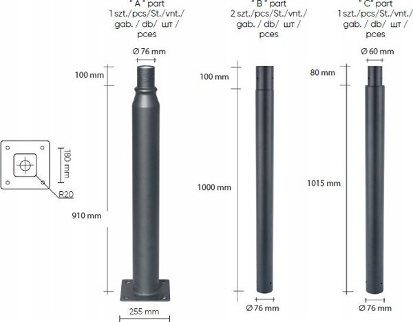 Φωτιστικό πάρκου NOLINA, 230Vac, 30W, 4500lm, μαύρο