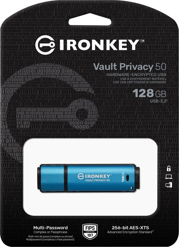 Kingston IronKey Vault Privacy 50 USB Flash Drive, 128GB, Hardware Encrypted, FIPS 197 Certified, XTS-AES 256-bit