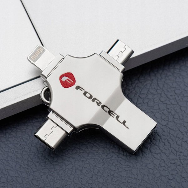 Pendrive 128GB USB 3.2 Gen 1 (USB A / USB C / Lightning / Micro USB) Forcell F-Data Metal Quad srebrny
