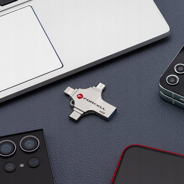 Pendrive 128GB USB 3.2 Gen 1 (USB A / USB C / Lightning / Micro USB) Forcell F-Data Metal Quad srebrny
