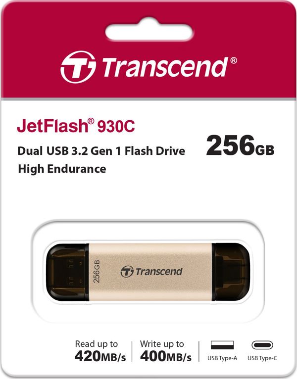 Transcend JetFlash 930C USB Flash Drive 256GB, USB 3.2 Gen 1, Dual Connector Type-A & Type-C, έως 420 MB/s, Ασημί