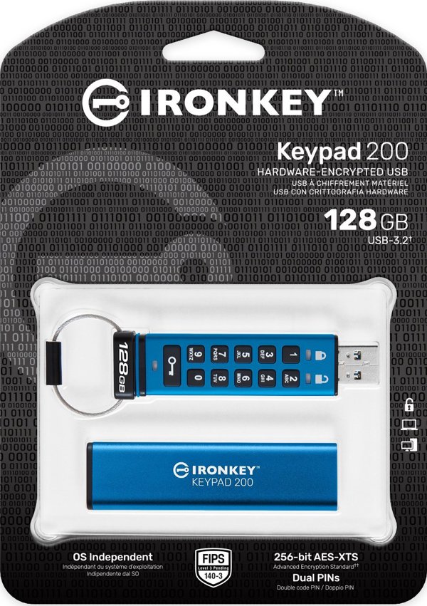 Kingston IronKey Keypad 200 USB Flash Drive, 128GB, Κρυπτογράφηση Hardware XTS-AES 256-bit, Πιστοποίηση FIPS 140-3 Επίπεδο 3, Μαύρο