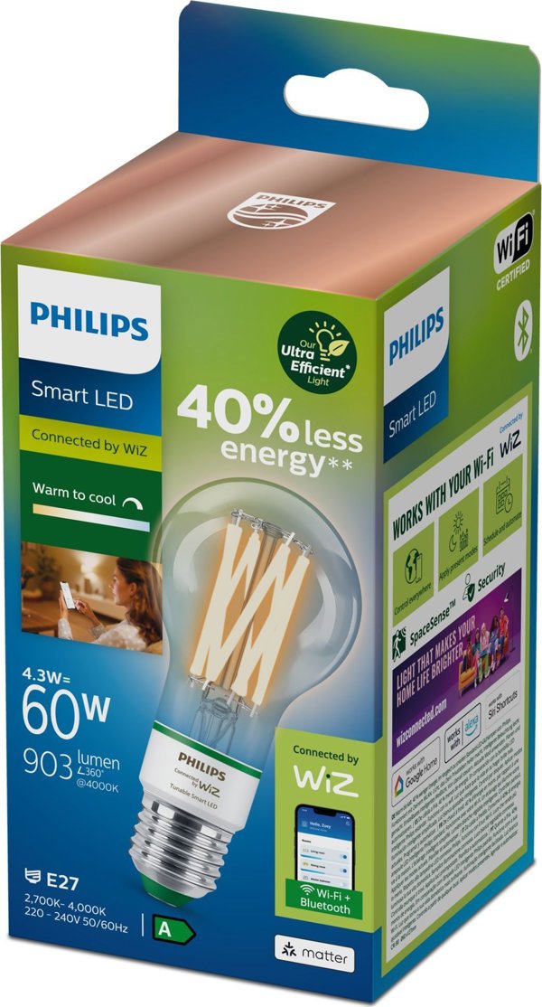 Philips Λάμπα LED Filament 60W E27 Διαφανής - Κλασική Λάμπα με Ορατό Νήμα