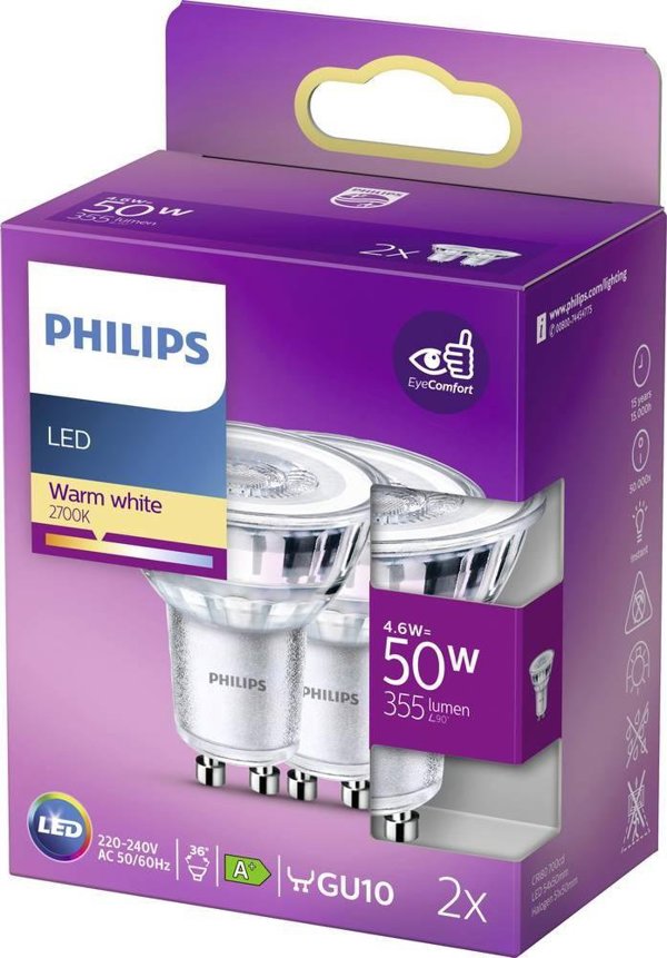 Philips Philips GU10 Λαμπτήρας LED 4.6W 355lm, 2700K, 2 τεμ. 11088859 8718699774271