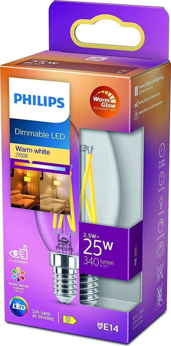 Κερί Philips Philips (Dimmable), 3,2 W, 25 W, E14, 250 lm, 15000 h, Ζεστό λευκό 14137239 8719514324152