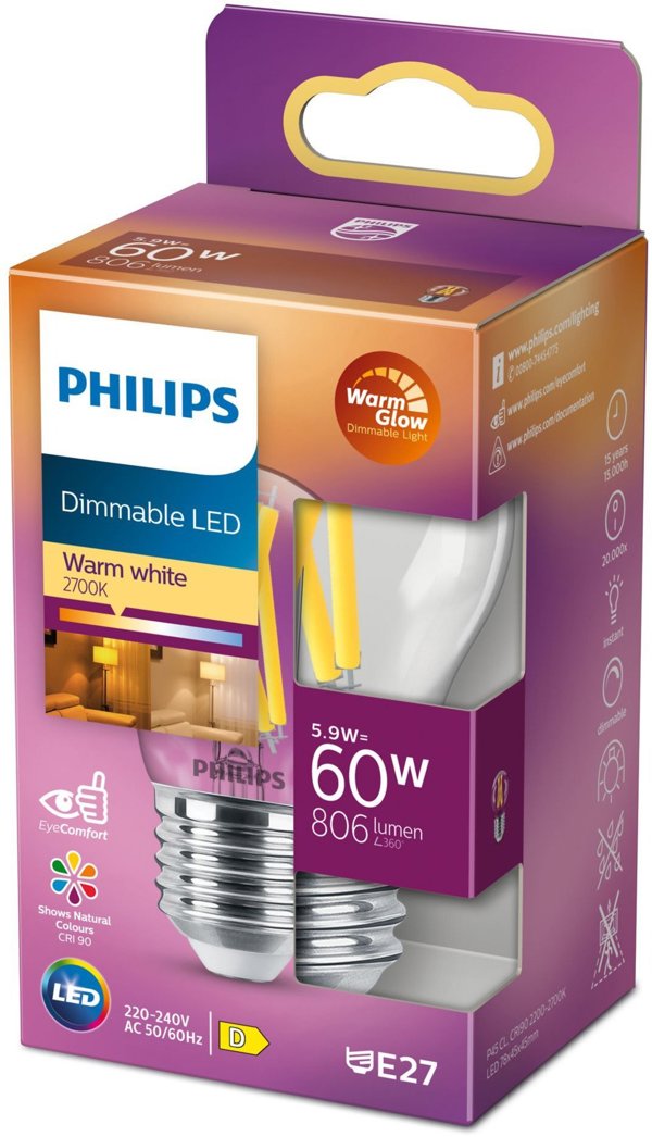 Philips LED WarmGlow Λάμπα 60W E27 Σταγόνα Διαφανής 1τμχ