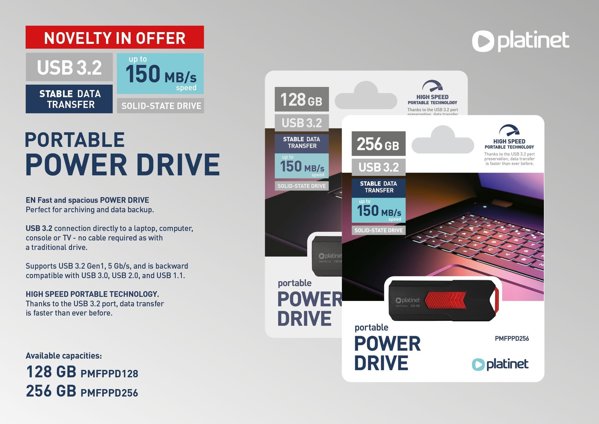 ΦΟΡΗΤΗ ΜΟΝΑΔΑ ΙΣΧΥΟΣ PLATINET USB 3.2 ΕΩΣ 150MB/s 256GB ΜΑΥΡΟ [46155]