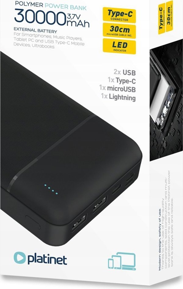 Platinet φορητός φορτιστής 30000mAh PMPB30W707, μαύρο