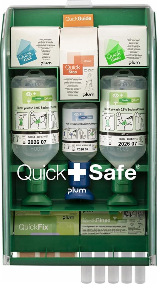 Plum PLCOMPLETE - Σταθμός πρώτων βοηθειών QuickSafe Complete υγειονομικό φαρμακείο που μπορεί να κρεμαστεί στον τοίχο τζελ για εγκαύματα (18 φακελάκια) επίδεσμος για πληγές (3 τεμάχια)