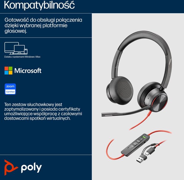 POLY Blackwire 8225 USB-A Ακουστικά Με Καλώδιο με Ελαστική Επάνω Ταινία για Γραφείο/Call Center, Μαύρα